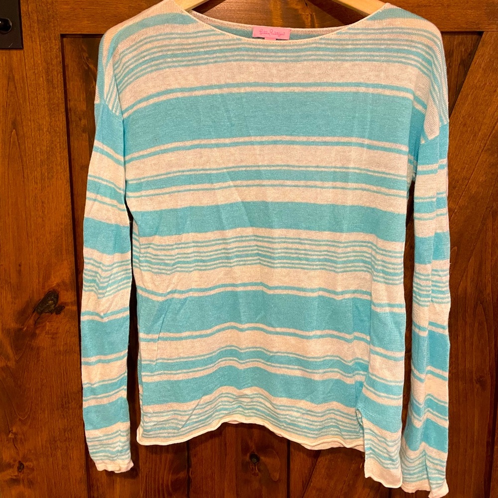 Lily size S beach cover up with blue and white stripes.